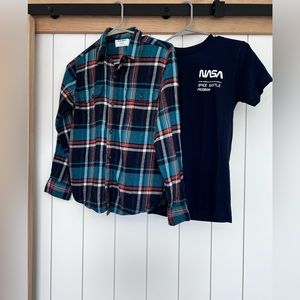 Old Navy Orange and Blue Flannel Long Sleeve Shirt plus a bonus NASA Tshirt.